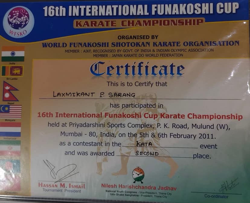 16th Funakoshi Cup kata certificate