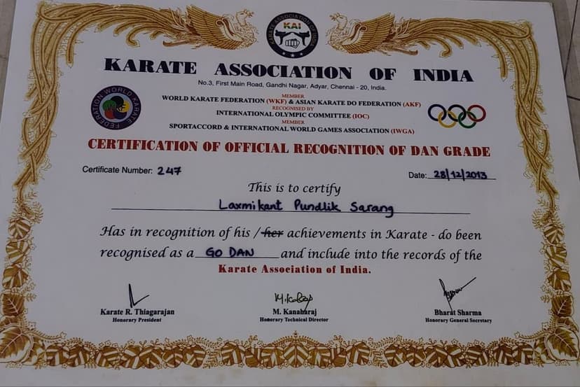 Karate Association of India dan grade recognition certificate