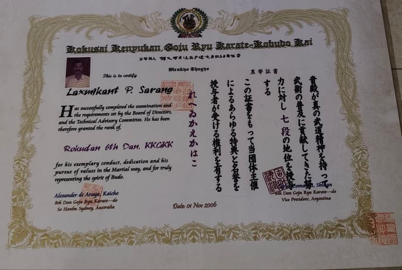 Kobudo Kai 6th Dan certificate