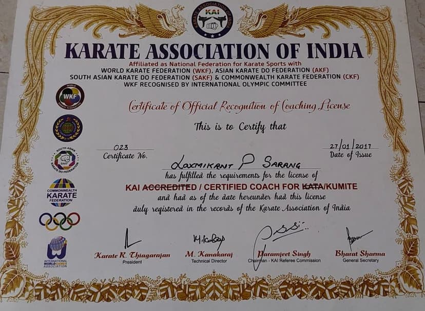 Coaching licence certificate, Karate Association of India