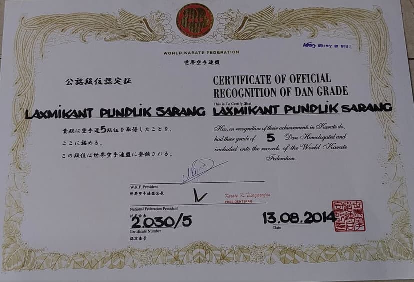 World Karate Federation 5th Dan certificate