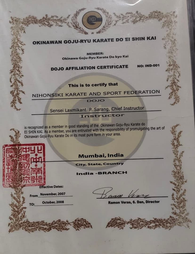 National Level Invitational Karate Do Championship certificate, Hubli