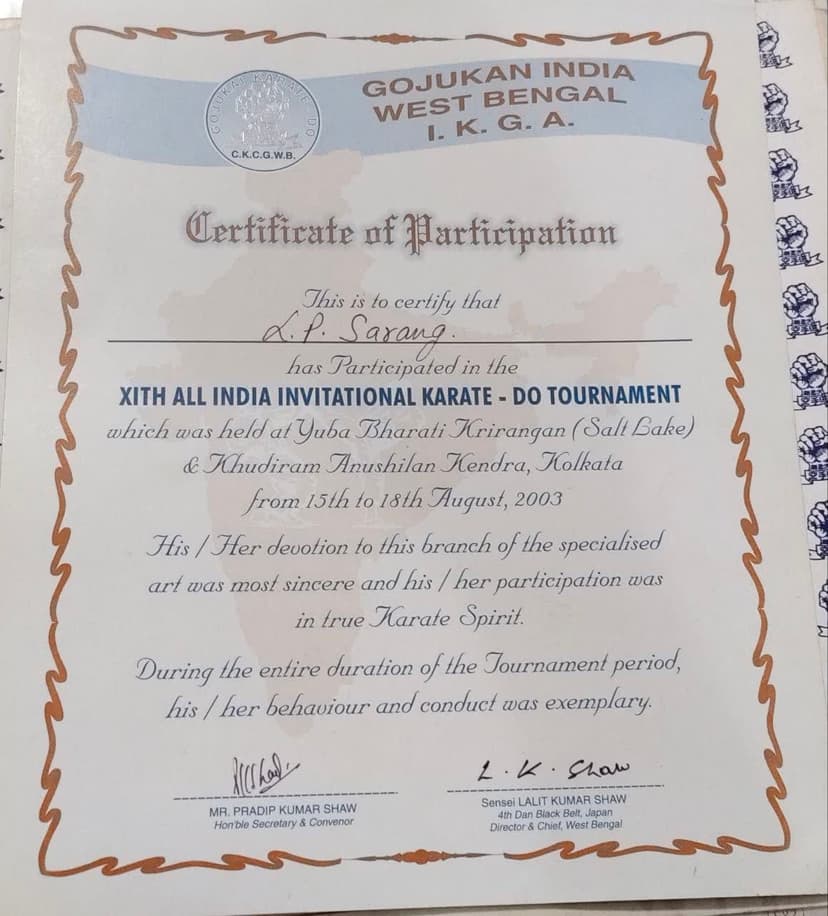 XIth All India Invitational Karate-Do Tournament certificate