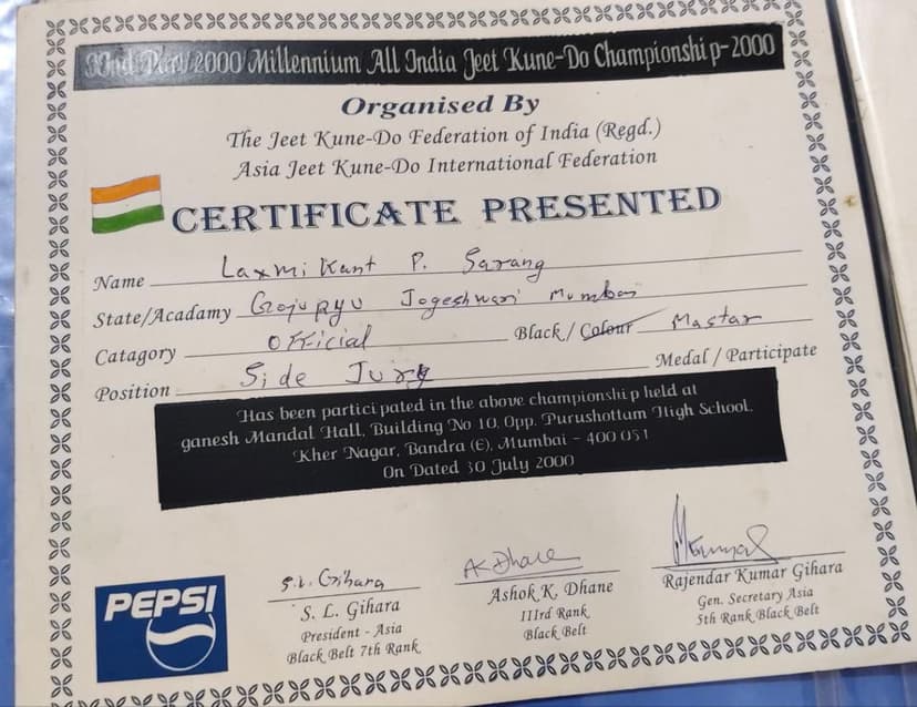 Millennium All India Jeet Kune-Do Championship 2000 certificate