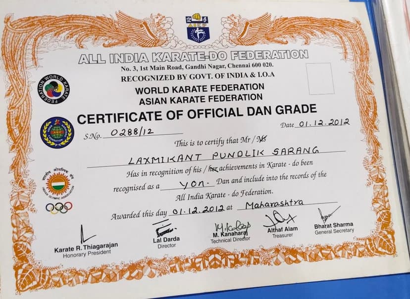 All India Karate-Do Federation dan grade certificate