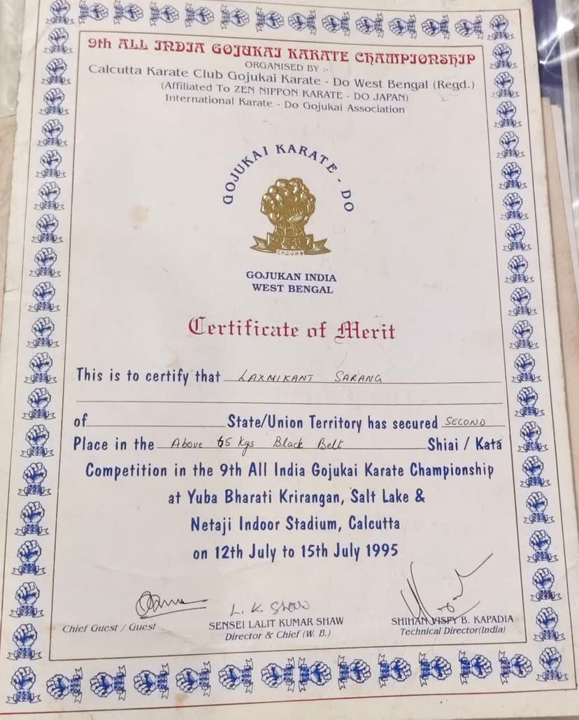 9th All India Gojukai Championship certificate of merit, 1995