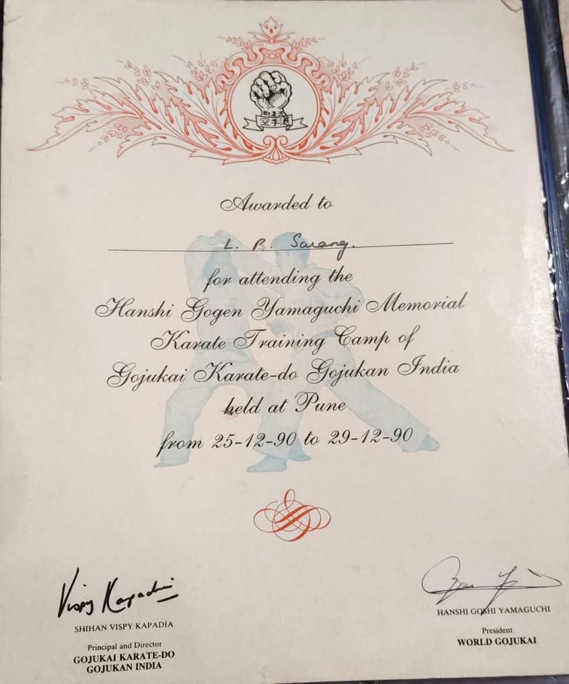 Hanshi Gogen Yamaguchi Memorial Camp certificate, Pune 1990
