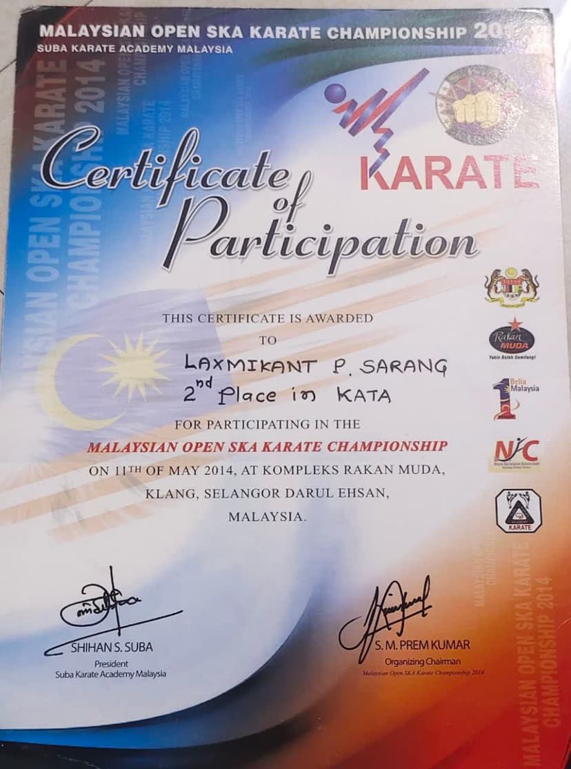 Malaysian Open SKA Karate Championship 2014 certificate, kata 2nd